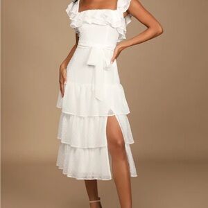 Lulus Dear To My Heart White Swiss Dot Tiered Ruffled Midi Dress